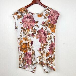 Nicole Miller Womens Top Sz M %100 Linen Short Sleeve Floral Earthy Natural Boho